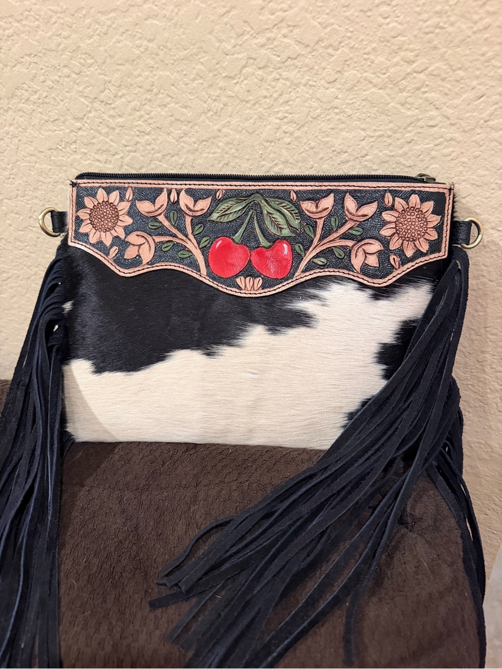New Fringe Leather Crossbody Bag with Cherry Floral Detail - Black & White